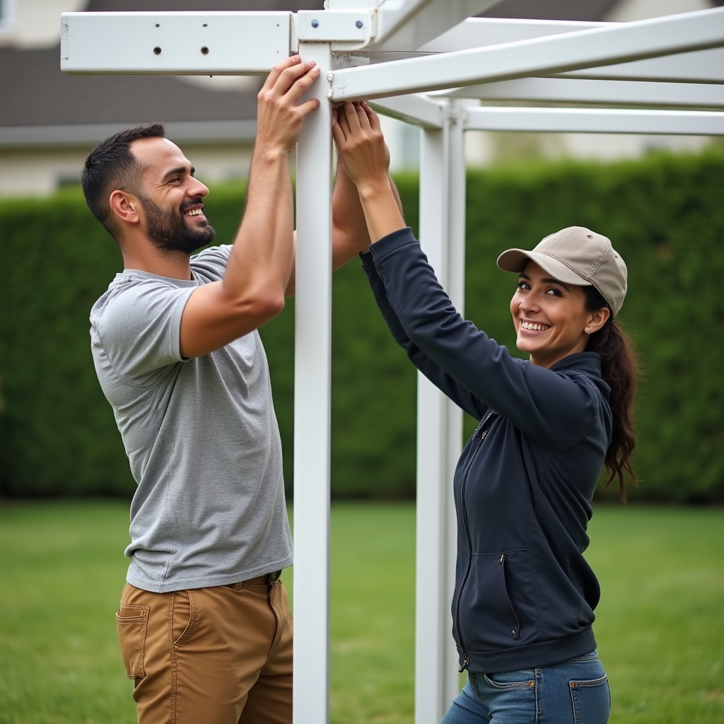 Dos personas armando la estructura de un gazebo plegable en un jardín
