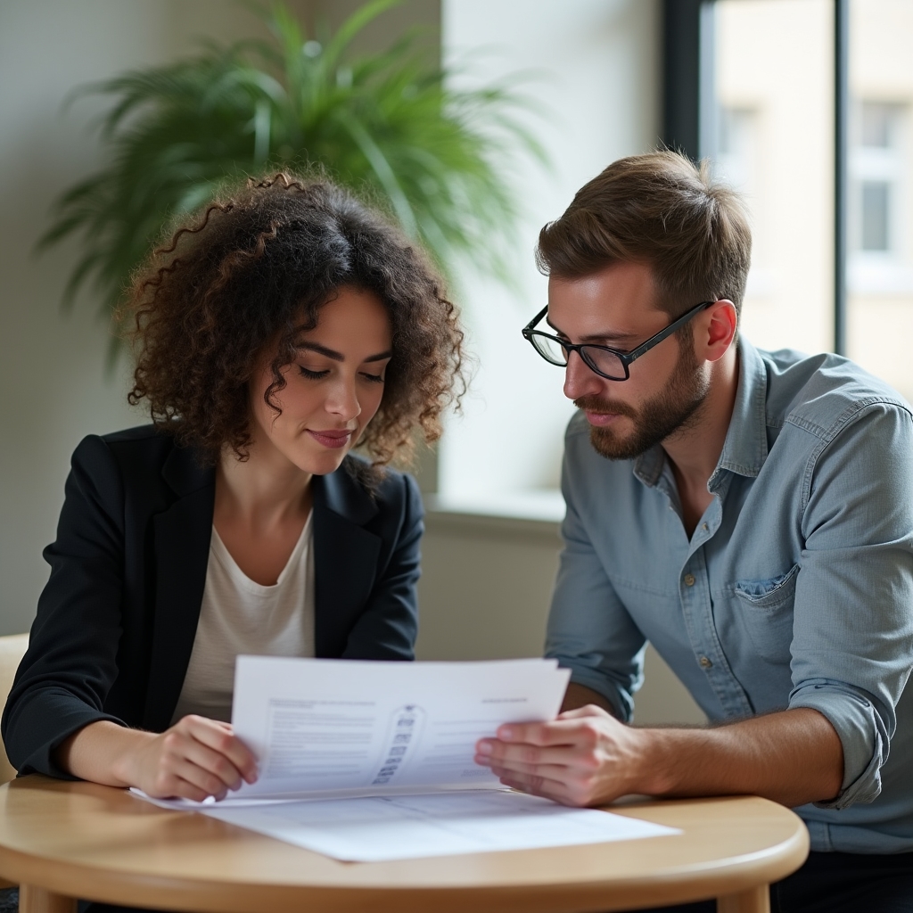 Dos personas revisando una planilla de planificación de un evento en una mesa de oficina